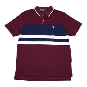 US Polo Assn Mens Cotton Polo Shirt Large Burgundy & Navy Striped Short Sleeve